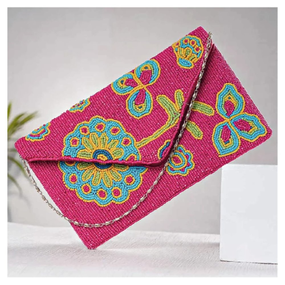 Spring Fling Floral Seed Beaded Fuchsia Pink Crossbody Clutch Handbag Bag NEW